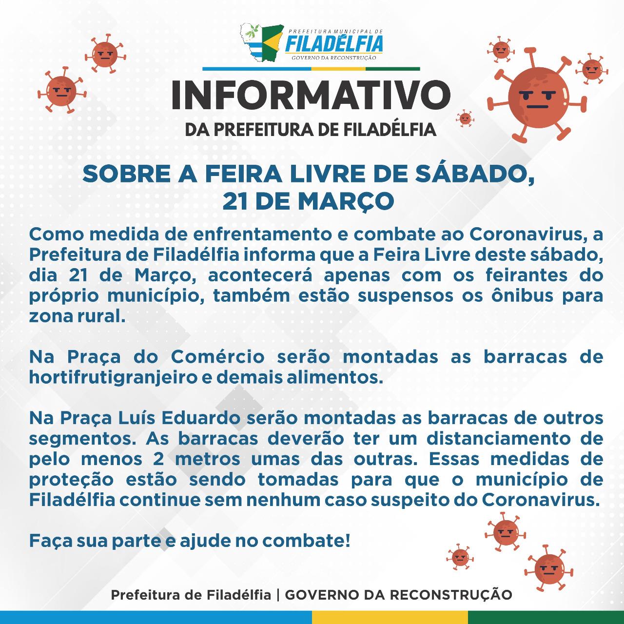 Informativo da prefeitura de Filadélfia sobre a Feira Livre deste sábado (21)